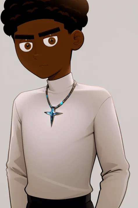 masterpiece, best quality, 1boy, kaiden, black hair, afro, brown eyes, (dark skin:0.5), necklace, white shirt, closeup, solo, simple background <lora:Kaiden:1>