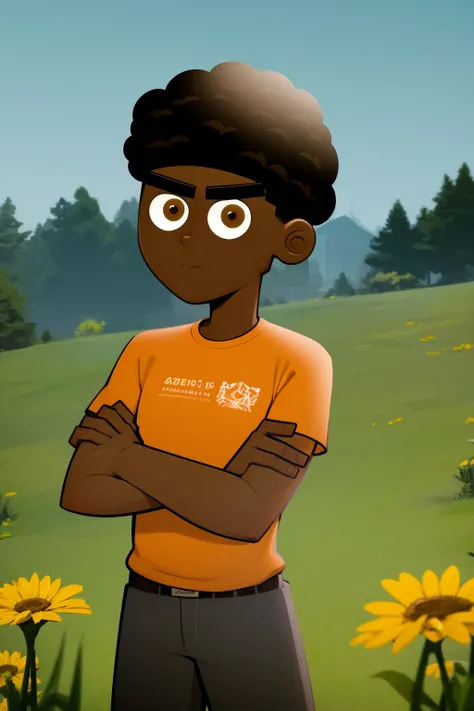 masterpiece, best quality, 1boy, kaiden, black hair, afro, brown eyes, dark skin, orange shirt, crossed arms, solo, meadow background <lora:Kaiden:1>
