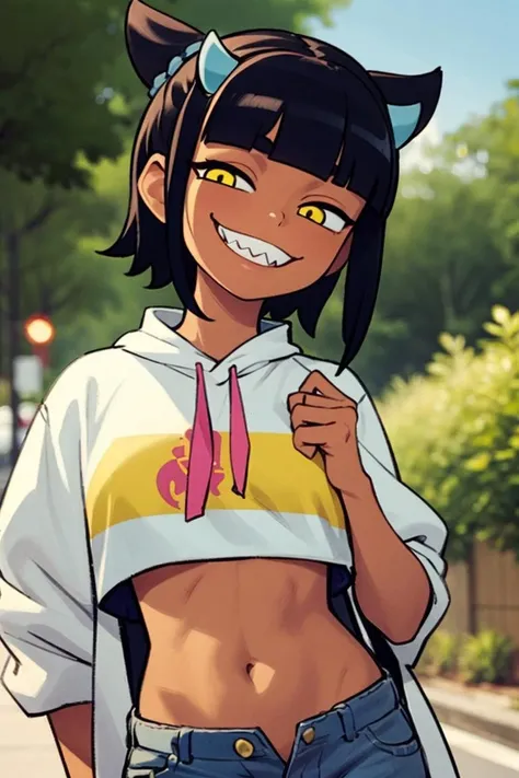 smiling at viewer, upperbody, portrait, 
mephiacolo, 1girl, short black hair, blunt bangs, twin hairbuns, yellow eyes, dark skin, demon horns, petite breasts, print white crop top, loose jacket, jean short shorts, visible thong, sharp teeth, 
glistening skin, 
outdoors, summer day, japanese suburbs, 
depth of field, blurred background,
<lora:mephia_v1:0.75>