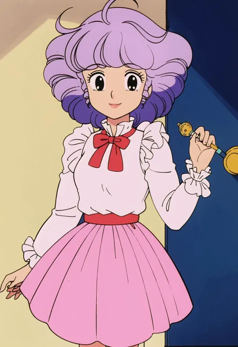 masterpiece,best quality,highres,1girl, solo, retro artstyle, 1980s (style), purple hair, short hair, long sleeves, drill hair, black eyes, skirt, smile, pink skirt, dress, cowboy shot, holding