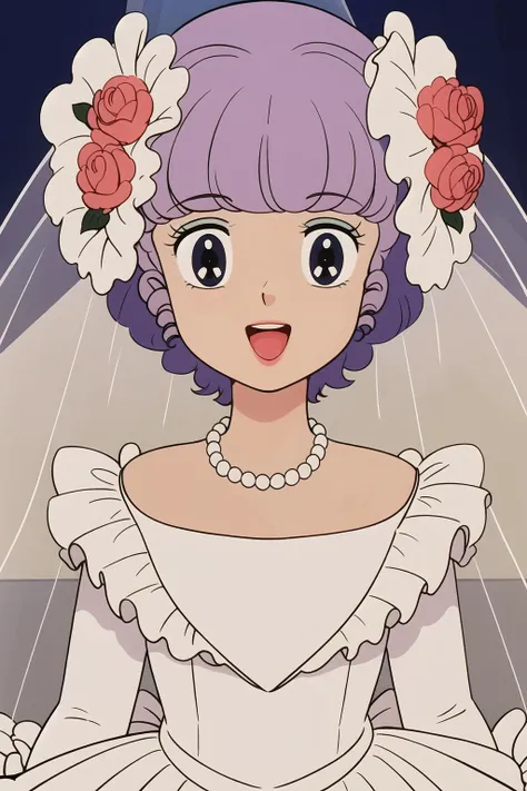 masterpiece,best quality,highres,<lora:creamymami3:0.65>,1girl, solo,necklace, jewelry, necklace, flower, veil, dress,  looking at viewer, wedding dress, bridal veil, bilateral symmetry rose, bow, bilateral symmetry pink flower, bilateral symmetry hair flower, pearl (gemstone), hair ornament, bangs,detached face,open mouth, smile,