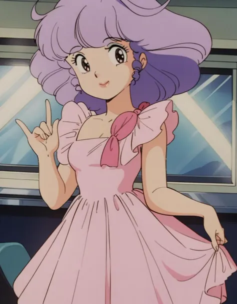 masterpiece, best quality, very aesthetic, absurdres,retro artstyle,1980s \(style\),1girl, solo,purple hair,pink dress,looking at viewer,smile, <lora:creamymami_xl_v1:0.75>