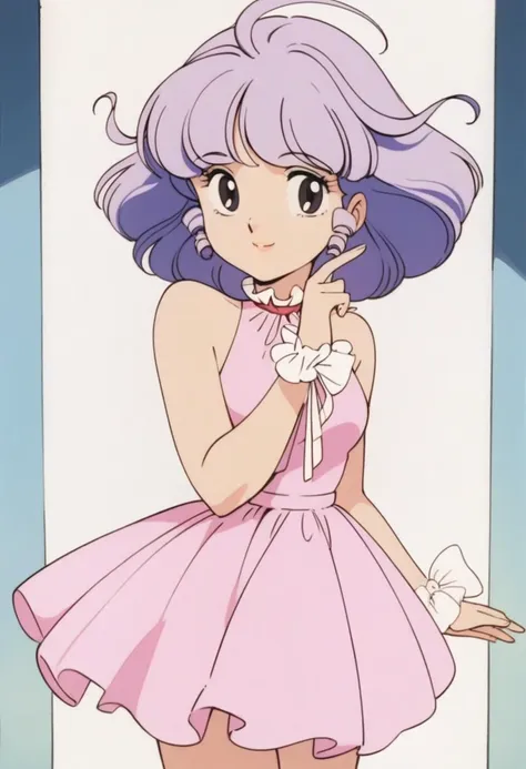 masterpiece, best quality, very aesthetic, absurdres,retro artstyle,1990s \(style\),1girl, solo,purple hair,dress, pink dress,sleeveless, bare shoulders,white wrist corsage,ribbon,frills,smile,looking at viewer,smile,cowboy shot,, <lora:creamymami_xl_v2:0.7>