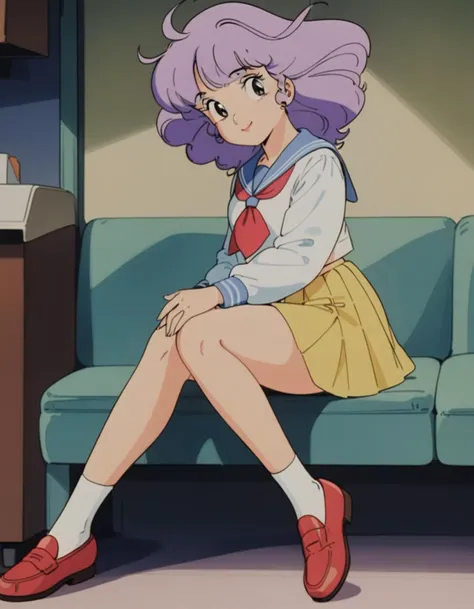 masterpiece, best quality, very aesthetic, absurdres,retro artstyle,1980s \(style\),1girl, solo,purple hair,school uniform,serafuku,sailor collar,yellow skirt, ,shoes, socks, red footwear,,looking at viewer,smile, <lora:creamymami_xl_v1:0.75>