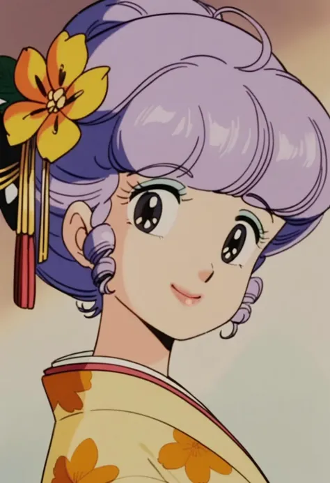 masterpiece, best quality, very aesthetic, absurdres,retro artstyle,1980s \(style\),1girl, solo, japanese clothes, floral print kimono, flower, hair ornament, hair flower, purple hair, yellow kimono,looking at viewer, detached face,smile,portrait, <lora:creamymami_xl_v2:0.75>