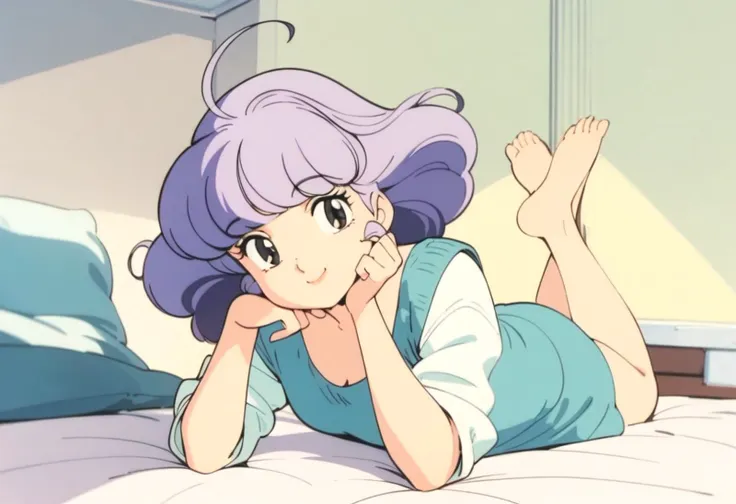 masterpiece, best quality, very aesthetic, absurdres,1990s \(style\),1girl, solo,purple hair,looking at viewer,smile, head rest, on stomach, full body,bedroom, on bed, <lora:creamymami_xl_v2:0.7>