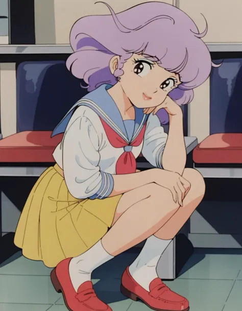 masterpiece, best quality, very aesthetic, absurdres,retro artstyle,1980s \(style\),1girl, solo,purple hair,school uniform,serafuku,sailor collar,yellow skirt, ,shoes, socks, red footwear,,looking at viewer,smile, <lora:creamymami_xl_v1:0.75>