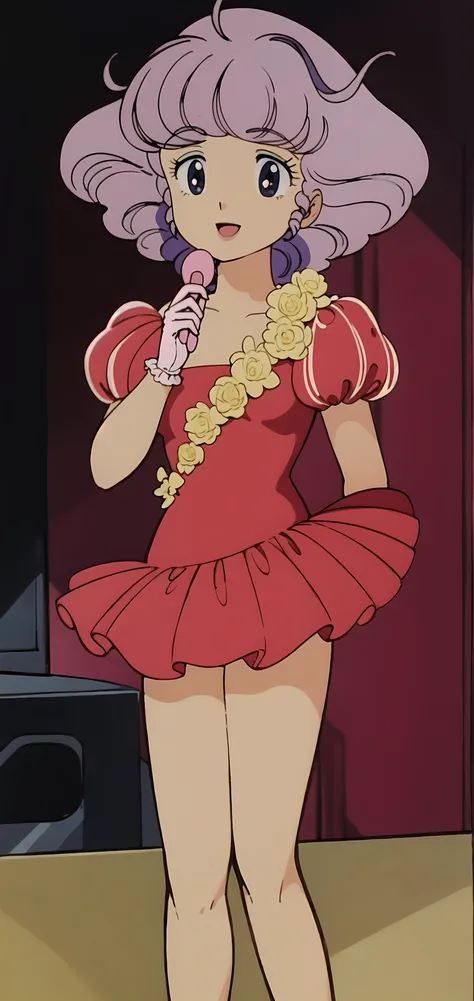 masterpiece,best quality,highres,Noise reduction,Clarity,Refinement,Detailing,Sharpness enhancement,1girl, solo,gloves, dress, red dress,flower,puffy sleeves, puffy short sleeves,1980s \(style\),detached face,detached eyes,looking ahead, :d,