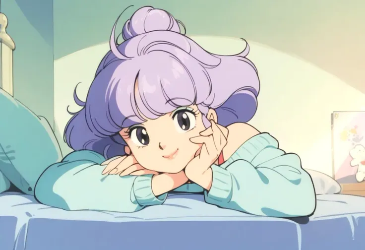 masterpiece, best quality, very aesthetic, absurdres,1990s \(style\),1girl, solo,purple hair,looking at viewer,smile, head rest, on stomach, full body,bedroom, on bed, <lora:creamymami_xl_v2:0.7>