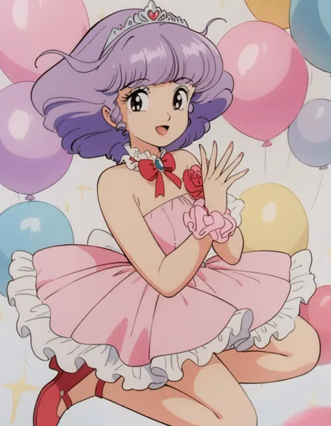 masterpiece, best quality, very aesthetic, absurdres,retro artstyle,1980s \(style\),1girl, solo,purple hair,dress, pink dress,sleeveless, bare shoulders,wrist corsage,ribbon,frills,red footwear,tiara,open mouth,smile,looking at viewer,smile, <lora:creamymami_xl_v1:0.75>