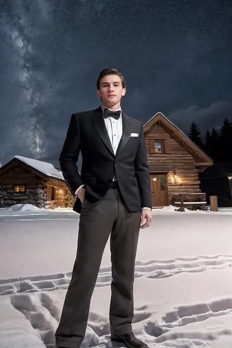 photo of male sc_jamie <lora:sc_jamie-v1:0.8>  posing outdoors wearing a well-fitted winter-themed tuxedo at winter Christmas park on a wintry day, snow falling, swiss mountain chalet, rustic charm, starry sky backdrop, subtle lighting