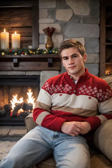 photo of (male) sc_jamie <lora:sc_jamie-v1:0.75>  sitting on a plush sofa wearing Christmas sweater and jeans, warm inviting atmosphere, alpine coziness, and warmth, rich dark wood interior, rustic authentic feel, wooden beams, and panels, swiss craftsmanship, large stone fireplace, crackling fire, comforting ambiance, flickering flames, posing indoors at a Swiss Chalet, snowing outside, 8k uhd, high quality, dramatic, cinematic