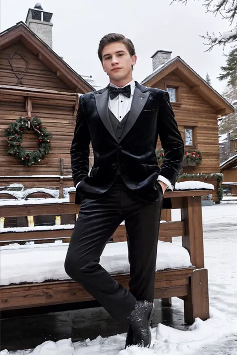 photo of male sc_jamie <lora:sc_jamie-v1:0.8> posing outdoors wearing a well-fitted winter-themed tuxedo at winter Christmas park on a wintry day, snow falling, swiss mountain chalet