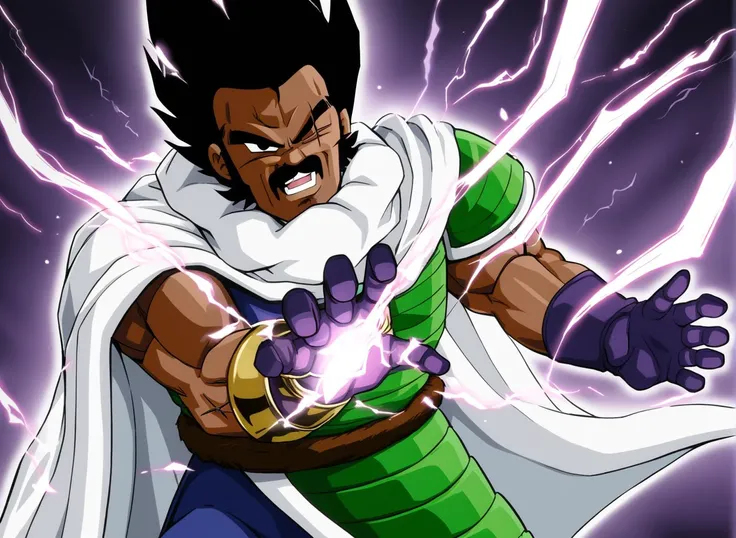 (paragus, solo, 1boy, male focus,  black hair, scar, black eyes, thick eyebrows, teeth, mustache, dark skin, cape, white cape, white scarf, armor, gloves, one eye closed, facial hair:1.1), open mouth, aura, glowing, electricity, kamehameha <lora:paragas_xl2_ani:0.8> <lora:kamehamehaXL2:0.5>