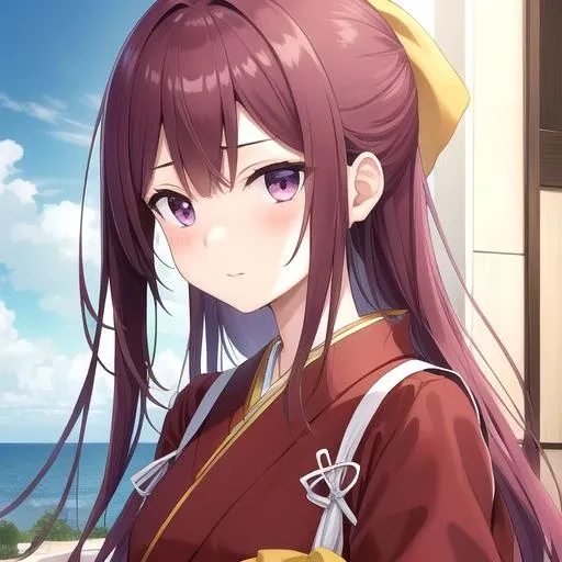 ((masterpiece)),(best quality),official art,extremely detailed CG,unity 8k wallpaper,ultra detailed,A lighthouse on a cliff by the sea,1girl,solo,upper body,(portrait:1.2),long_hair,japanese_clothes,pink_hakama,meiji_schoolgirl_uniform,hakama_skirt,purple_hair,lace-up_boots,kimono,cross-laced_footwear,hair_bow,purple_eyes,tasuki,brown_footwear,yellow_bow,<lora:Kamikaze(kan)>,