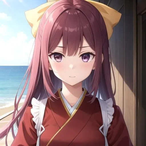 ((masterpiece)),(best quality),official art,extremely detailed CG,unity 8k wallpaper,ultra detailed,A lighthouse on a cliff by the sea,1girl,solo,upper body,(portrait:1.2),long_hair,japanese_clothes,pink_hakama,meiji_schoolgirl_uniform,hakama_skirt,purple_hair,lace-up_boots,kimono,cross-laced_footwear,hair_bow,purple_eyes,tasuki,brown_footwear,yellow_bow,<lora:Kamikaze(kan)>,