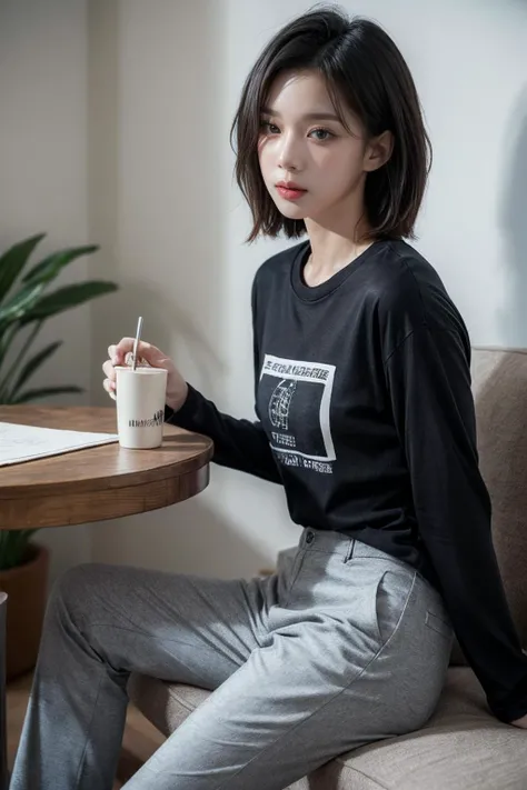 (photorealistic:1.4), raw photo, best quality, masterpiece, ultra high res,1girl,kimminjeong,detailed face,detailed eyes, (short black hair:1.1),small breast, long sleeve t-shirt,casual pants,sit at table,minimalist living room, (night0.1),<lora:add_detail:0.6> <lora:Winter_v1.1:1:lbw=FACE>