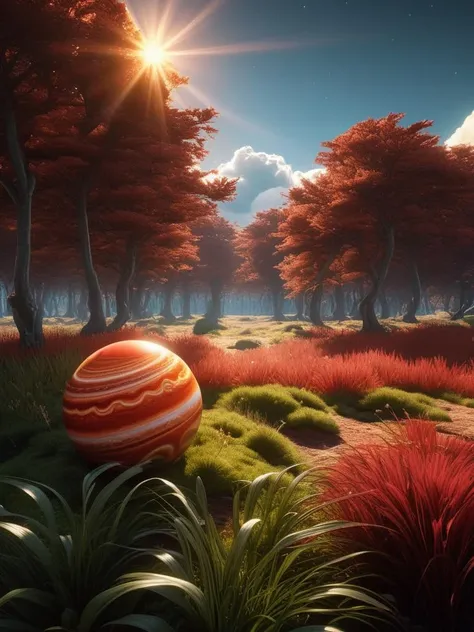 art by Carel Willink, 3d blender render, Renderman, key visual, Bewitching Jupiter's Great Red Spot, grass and vegetation, Sunny, dmt, dramatic lighting