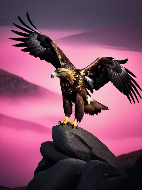 art by Kazimierz DÄ
browski,art by Toni Frissell, Raw digital photo, concept art, Friendly Golden Eagle, Pixiecore, dark pink neon hue