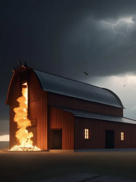 Octane render, Berlin Secession, intricate details, Nervous Condor, background is Flaming Barn, Stormy weather, Hopeless, natural lighting, CineColor, wallpaper