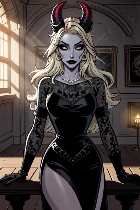 (Lilith:1.2), (grey/gray skin, grey sclera, long blonde hair, white iris, demon horns, makeup), (DefaultOutfit:1.2), (long dress, sleeves, gloves, black dress:1.5), (castle, inside a castle, Victorian theme), (realistic:1.2), (masterpiece:1.2), (full-body-shot:1),(Cowboy-shot:1.2), neon lighting, dark romantic lighting, (highly detailed:1.2),(detailed face:1.2), (gradients), colorful, detailed eyes, (detailed landscape:1.2), (natural lighting:1.2), (powerful pose:1.2), (solo, one person, 1girl:1.5),<lora:LilithHazbinHotel-10:0.9> <lora:add_detail:0.15> <lyco:coloredSkin-08:0.45>