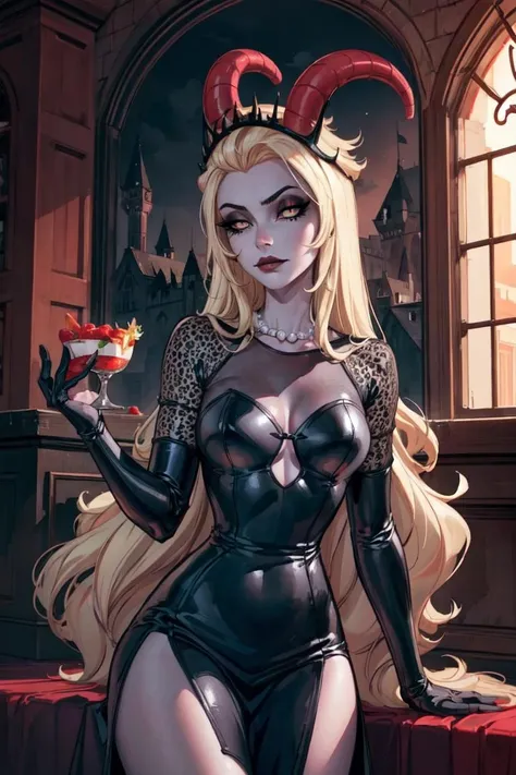 (Lilith:1.2), (grey/gray skin, grey sclera, long blonde hair, white iris, demon horns, makeup), (DefaultOutfit:1.2), (black dress:1.5), (castle, inside a castle, Victorian theme), (realistic:1.2), (masterpiece:1.2), (full-body-shot:1),(Cowboy-shot:1.2), neon lighting, dark romantic lighting, (highly detailed:1.2),(detailed face:1.2), (gradients), colorful, detailed eyes, (detailed landscape:1.2), (natural lighting:1.2), (powerful pose:1.2), (solo, one person, 1girl:1.5),<lora:LilithHazbinHotel-10:0.9> <lora:add_detail:0.15> <lyco:coloredSkin-08:0.45>