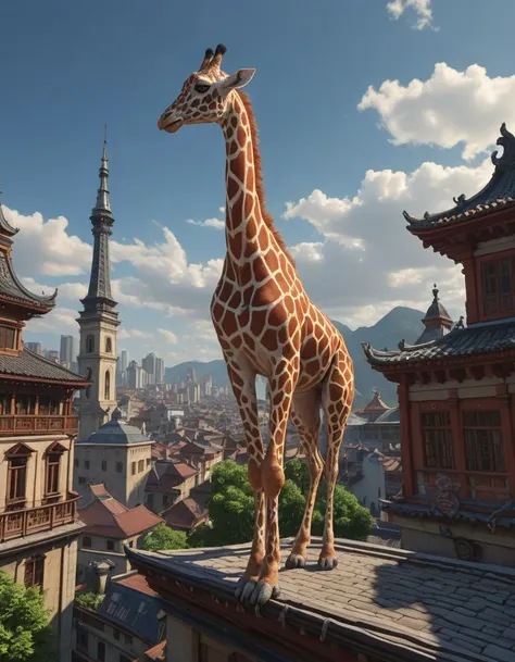 a cat standing on the rooftop, the cat looks like giraffe, giraffe head and giraffe tail, fantasy, intricate, epic lighting, cinematic composition, hyper realistic, 8 k resolution, unreal engine 5, by artgerm, tooth wu, dan mumford, beeple, wlop, rossdraws, james jean, andrei riabovitchev, marc simonetti, artstation, virtual reality martial arts dojo, vr combat training, immersive martial arts simulations, holographic opponents, <lora:detailed_notrigger:1>