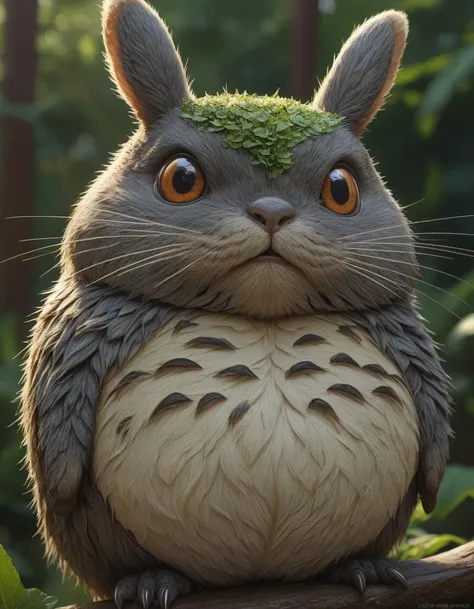 portrait of real life totoro, hyperrealistic, very detailed fur, sharp focus, fine lines, fine art, soft colors, in rays of sunlight, detailed painting by mark arian, artgerm, bastien lecouffe - deharme, exoplanet colonization site, new frontier settlement, terraforming efforts, pioneering spirit, <lora:detailed_notrigger:1>