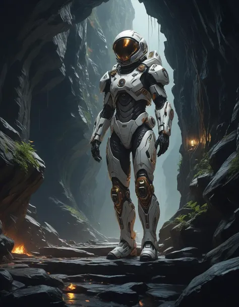 a beautiful artwork illustration, concept art sketch of an astronaut in white futuristic cybernetic armor in a dark cave, volumetric fog, godrays, high contrast, vibrant colors, vivid colors, high saturation, by Greg Rutkowski and Jesper Ejsing and Raymond Swanland and alena aenami, featured on artstation, wide angle, vertical orientation, eroded cliffs, crumbling edges, treacherous footing, panoramic vistas, <lora:detailed_notrigger:1>