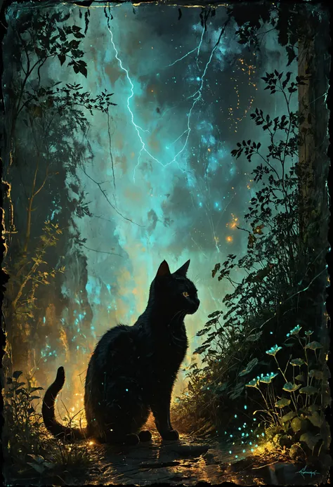 Black cat cross my path, I think every day's gonna be my last, <lora:Lost_In_Dreams:0.6>, <lora:detailed_notrigger:0.8>, Spotlighting, <lora:Bio-Luminescence:0.8> bioluminescent, glowing