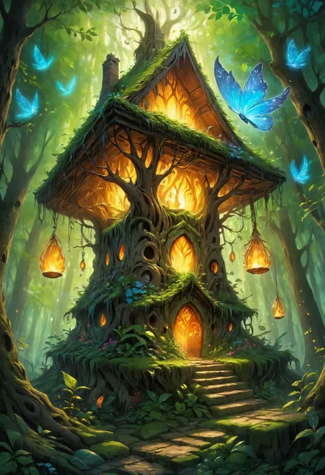 a small house in the middle of a forest with a lot of trees