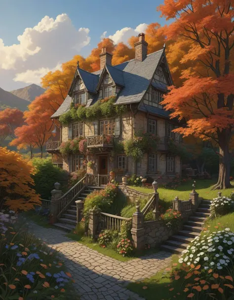 a british cottage in the scottish countryside, greg rutkowski, zabrocki, moebius, karlkka, jayison devadas, highly detailed, autumn sunlights, smoky atmosphere, ( ray of sunlight ), official fanart behance hd artstation by jesper ejsing, by rhads, makoto shinkai and lois van baarle, ilya kuvshinov, ossdraws, 8 k, ultra wide angle, zenith view, lens effect, artificial intelligence rehabilitation center, ai therapy, emotional intelligence training, digital counseling, <lora:detailed_notrigger:1>