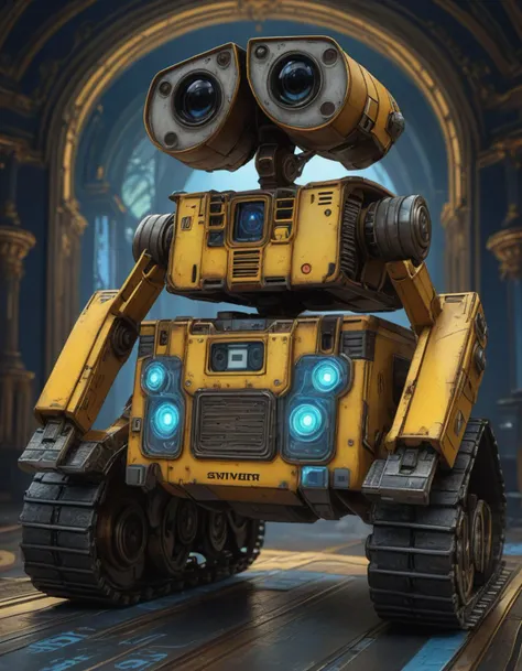 symmetry!! portrait of wall - e, sci - fi, tech wear, blue and yellow glowing lights!! intricate, elegant, highly detailed, digital painting, artstation, concept art, smooth, sharp focus, illustration, art by artgerm and greg rutkowski and alphonse mucha, ai research institute, advanced ai development, machine learning algorithms, ethical ai studies, <lora:detailed_notrigger:1>