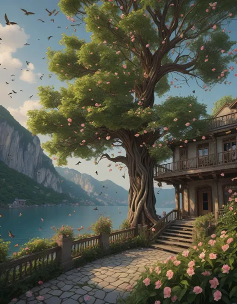 around tree babies running, a beautiful awesome artistic tree with falling flowers like leaves and many birds, around tree babies running, all in the amazing outdoors view, mountain in the background, lake, long exposure, 8 k resolution, trending on artstation, abandoned hotel, empty rooms, faded grandeur, haunting whispers, <lora:detailed_notrigger:1>