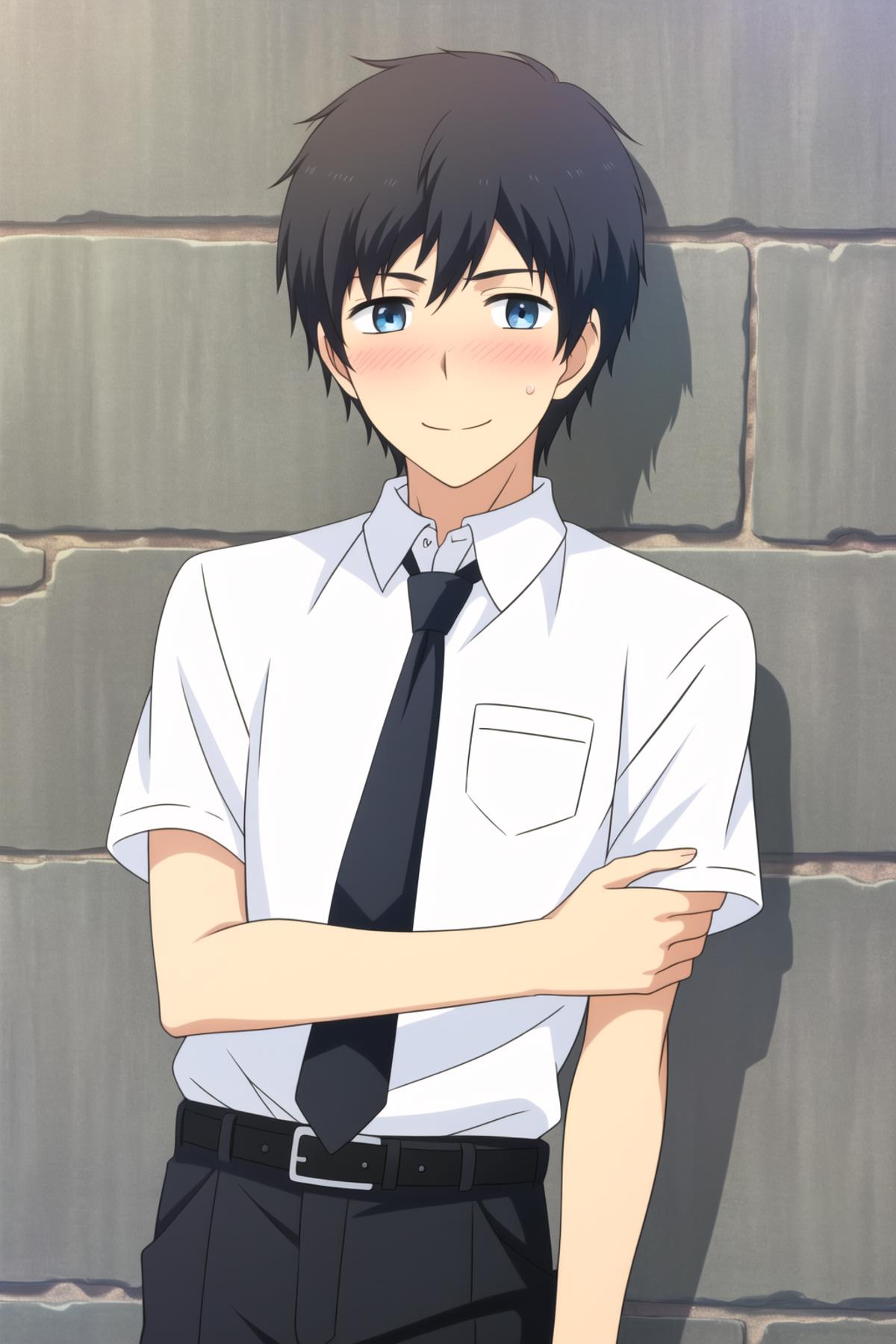 Anime boy in white shirt and black tie leaning against a wall - SeaArt AI