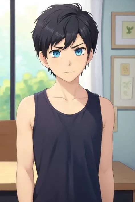 masterpiece, best quality, , 1boy, solo, male focus, looking at viewer, upper body, , <lora:arata_kaizaki:0.72>, arata_kaizaki, black hair, blue eyes, tank top,