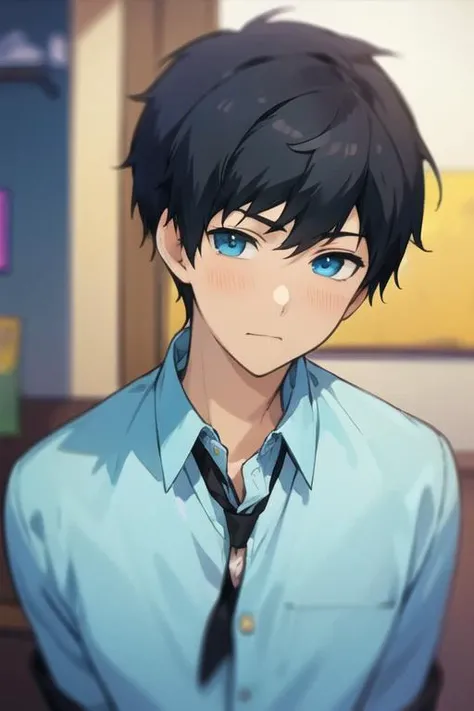 masterpiece, best quality, illustration, 1boy, solo, male focus, looking at viewer, upper body, depth of field, <lora:arata_kaizaki:0.68>, arata_kaizaki, black hair, blue eyes, shirt,