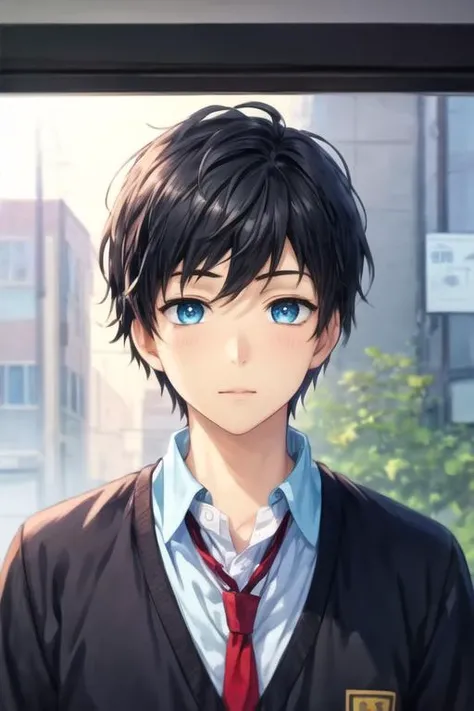 masterpiece, best quality, illustration, 1boy, solo, male focus, looking at viewer, upper body, depth of field, <lora:arata_kaizaki:0.72>, arata_kaizaki, black hair, blue eyes, school uniform,