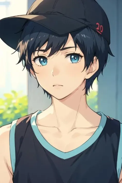 masterpiece, best quality, illustration, 1boy, solo, male focus, looking at viewer, upper body, depth of field, <lora:arata_kaizaki:0.68>, arata_kaizaki, black hair, blue eyes, tank top, hat