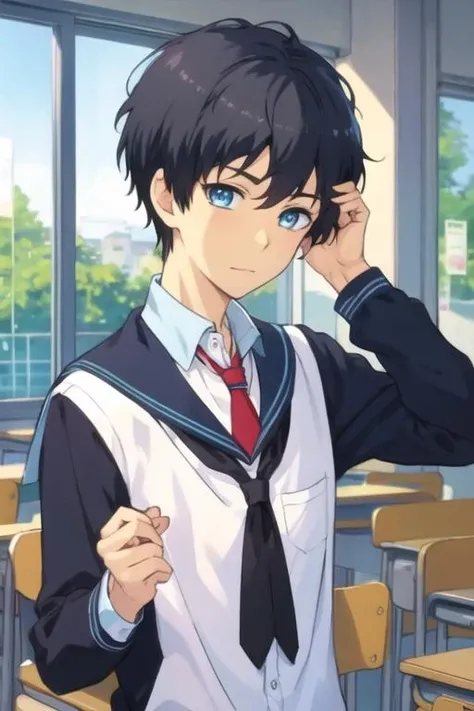 masterpiece, best quality, illustration, 1boy, solo, male focus, looking at viewer, upper body, , <lora:arata_kaizaki:0.64>, arata_kaizaki, black hair, blue eyes, school uniform, hat
