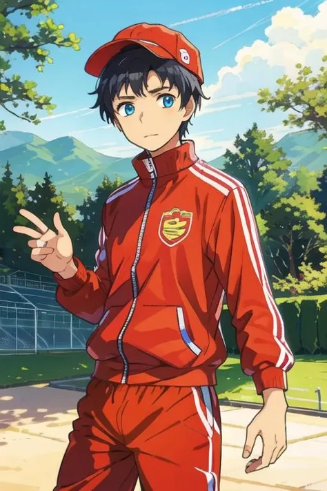 masterpiece, best quality, illustration, 1boy, solo, male focus, looking at viewer, , , <lora:arata_kaizaki:0.64>, arata_kaizaki, black hair, blue eyes, track suit, hat