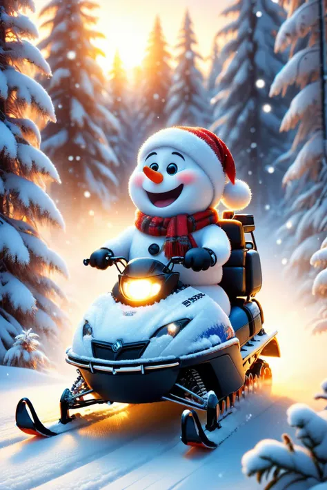 blizzard with heavy snowfall, pixar animation of a zhibi canadian snowman with a cute happy face driving a snowmobile, ChristmasWintery forest, deep winter, early sunrise, extremely detailed, masterpiece, <lora:zhibi:0.6>, <lora:add-detail-xl:1>, <lora:ChristmasWinteryXL:0.5>