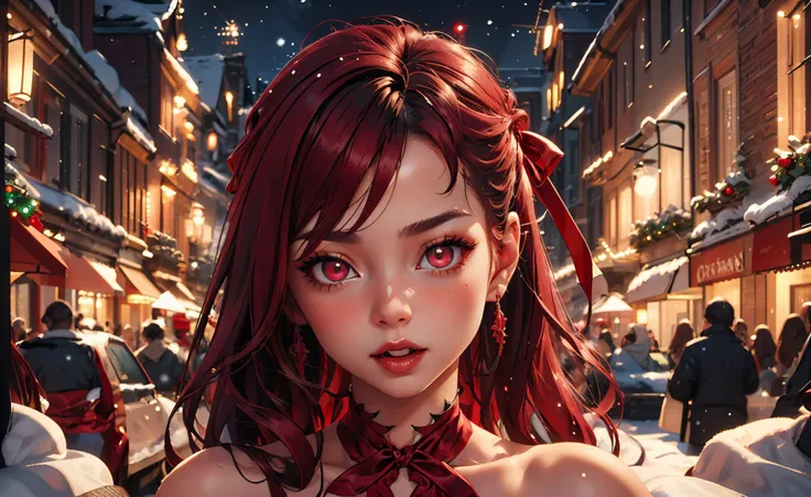 <lora:lyco-envybetterhands-beta2:0.8> ,portrait
(masterpiece, best quality),
1girl,a infatuated cute young woman with ruby eyes,medium breasts,burgundy frohawk very long hair,
with a look of pleasure ,in the night during the 2020s, <lora:ChristmasWintery:0.6> ChristmasWintery <lora:edgWrappedTemptation:0.8> edgtemptation, edgwrap, red, posing, ribbon, simple, top, wearing, woman