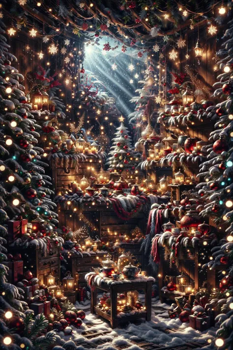 <lora:ChristmasWintery:1> ChristmasWintery, decorative tea cup, wood table, various gift boxes, feeling warming,
(no human, no people):1.2, glowing, soft light,
BREAK(dynamic angle, detailed shadow, detailed lightning, (wide view, wide-angle lens)),
BREAK(<lora:Night scene_20230715120543:0.45>, cozy, outdoor, detailed garden, detailed part, day, clear sky, Christmas decorations, snow),
BREAK(<lora:more_details:0.6>, extremely detailed, CG, 8k Amazing, finely detail, (masterpiece:2.0, best quality), (intricate details, depth of field)),