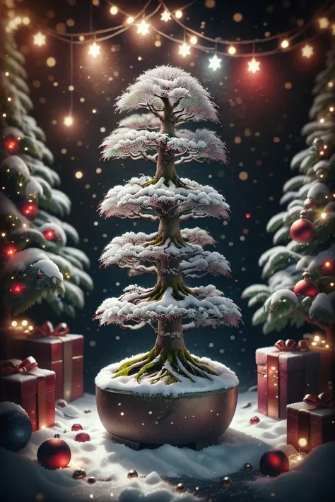 masterpiece, <lora:ChristmasWintery:0.8>ChristmasWintery A bonsai tree, realistic, photography, photographic studio lighting, photographed by a Phase One camera, details in hdr sharpness, hyperfocus, ultra realistic, neon punk,Glitch Art,universe,