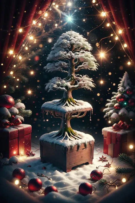 masterpiece, <lora:ChristmasWintery:0.8>ChristmasWintery A bonsai tree, realistic, photography, photographic studio lighting, photographed by a Phase One camera, details in hdr sharpness, hyperfocus,  ultra realistic, neon punk,Glitch Art,universe,