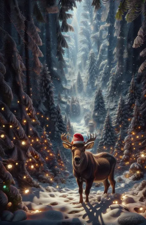 <lora:ChristmasWintery:1> forest, moose in a santa hat,  (Masterpiece:1.3) (best quality:1.2) (high quality:1.1)