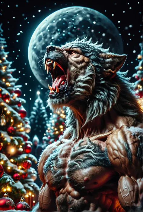 Muscular Human Morphing into Werewolf  (fantasy illustration:1.3) , dynamic composition,  <lora:ChristmasWinteryXL:0.8> Christmas decoration,Zoomed,Detailed,Howling at the moon,detailed fur,Sinister,drooling,dark mode,midnight,moody lighting,smoth,Red Mode,Red Neon,Insane