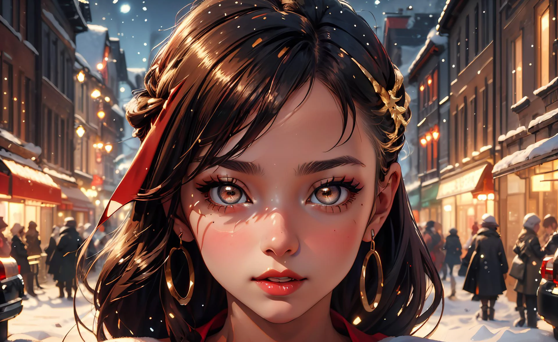 <lora:lyco-envybetterhands-beta2:0.8> ,portrait
(masterpiece, best quality),
1girl,a sniveling radiant young woman with gold eyes,small breasts,auburn french twist long hair,
with a look of compassion ,in the night during the 1940s, <lora:ChristmasWintery:0.6> ChristmasWintery <lora:edgWrappedTemptation:0.8> edgtemptation, edgwrap, red, posing, ribbon, simple, top, wearing, woman