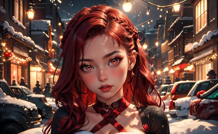 <lora:lyco-envybetterhands-beta2:0.8> ,portrait
(masterpiece, best quality),
1girl,a vigilant presentable young woman with peach eyes,large breasts,dark red braided hairstyle long hair,
with a look of appreciation ,in the dusk during the 1940s, <lora:ChristmasWintery:0.6> ChristmasWintery <lora:edgWrappedTemptation:0.8> edgtemptation, edgwrap, red, posing, ribbon, simple, top, wearing, woman